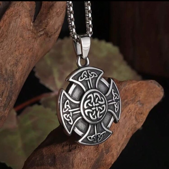 Silver Celtic Cross Pendant Necklace, Celtic Cross Necklace, Shield Necklace - Picture 4 of 4